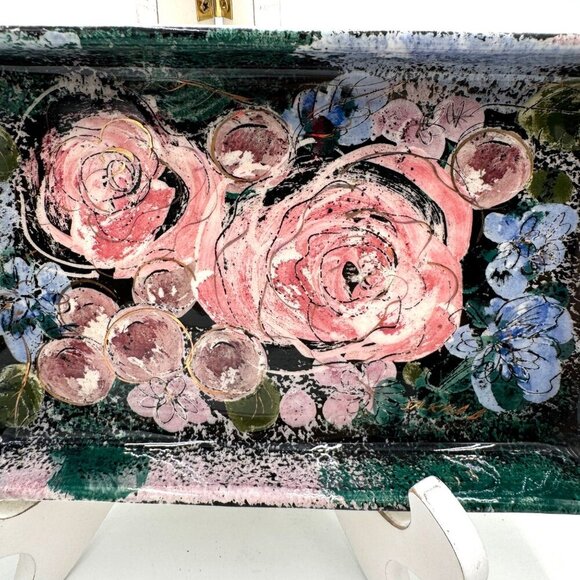 Sascha Brastoff Vanity Fair Very Large Retcangular Ash Tray - Pink Roses - Picture 4 of 12